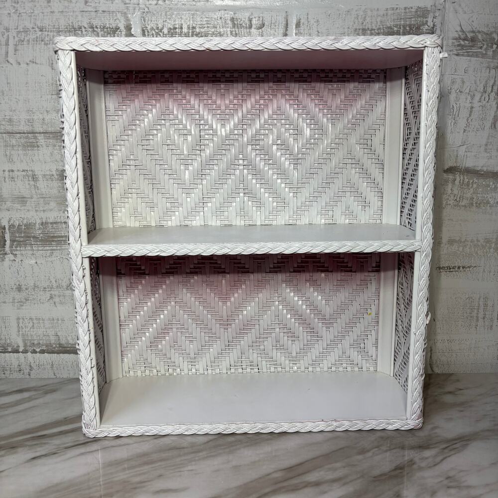 Mid Century White and Pink Ombre Wicker Wall Shelf